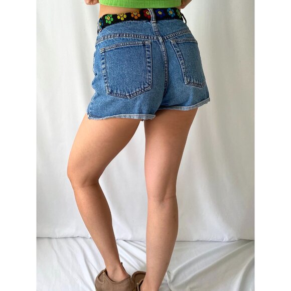 90s vintage rainbow groovy flower retro blue denim high waist mini jean shorts - Picture 6 of 9